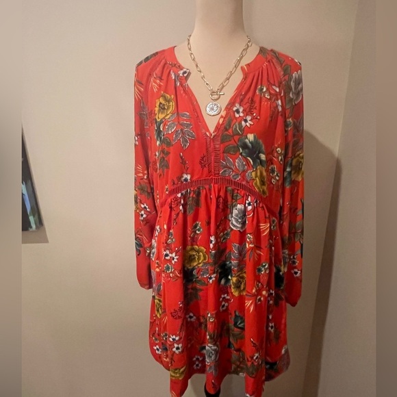 Umgee Harvest Red Floral Long Sleeve V Neck, LadderLace insets Dress, size Large - Picture 2 of 10